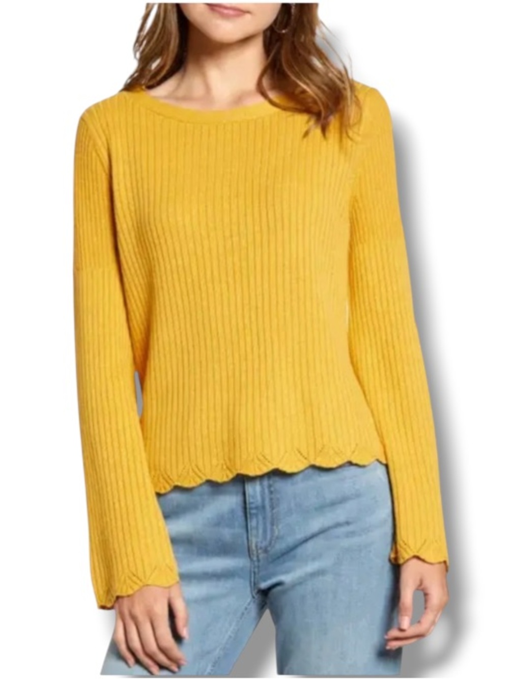 Rachel Parcell Yellow Mustard Scalloped Bell Sleeve Linen + Cotton Sweater